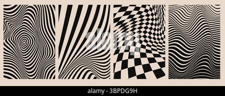 Abstract wave patterns with optical illusions - black psychedelic stripes with hypnotic distortion effects, checkered tunnel perspective for retro poster designs, trippy bg or graphics elements. Stock Vector