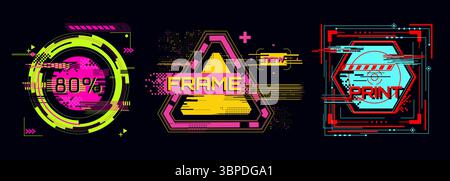 Cyberpunk glitch frame collection with neon colors - circular badge, triangular border design, hexagonal print element. Digital interface graphics for futuristic ui, tech overlays and gaming assets. Stock Vector