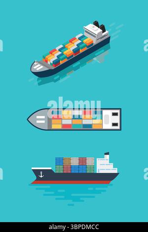 Container ship in plan view, side view and isometric view. Vector Illustration Stock Vector