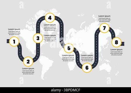 Roadmap infographic with steps process infographic world map background. Infographic for presentation. Vector illustration Stock Vector