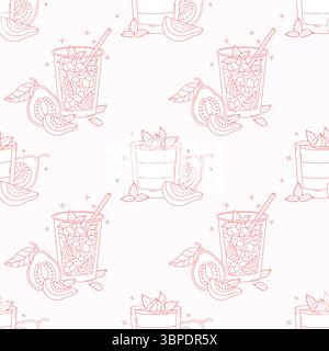 Outline Seamless Pattern with Guava Drink Refreshing Cocktail with Ice and Creamy sweet dessert with tropical Fruit slices and Mint leaves on white Ba Stock Vector