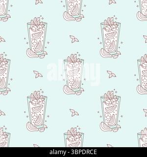 Outline Seamless Pattern with Guava Drink with tropical Fruit slices, ice cubes and Mint leaves on light blue Background. Summer Refreshing Cocktail. Stock Vector