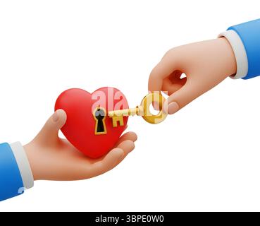 The Key to Red Love Heart Minimalist 3D Rendering in a Soft And Smooth Renderer Stock Photo