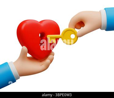 The Key to Red Love Heart Minimalist 3D Rendering in a Soft And Smooth Renderer Stock Photo