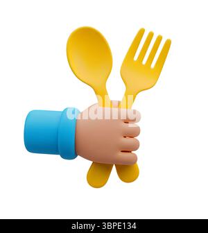 Hand Holding a Spoon and Fork Minimalist 3D Rendering in a Soft And Smooth Renderer Stock Photo