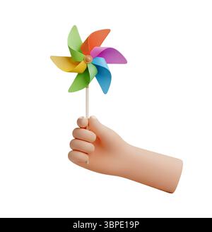 Hand Holding a Colorful Rainbow Pinwheel Minimalist 3D Rendering in a Soft And Smooth Renderer Stock Photo