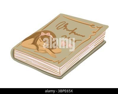 Romantic closed book in cartoon doodle style. Hand drawn green vector illustration of hardcover notebook with love story theme. Ideal for book card Stock Vector