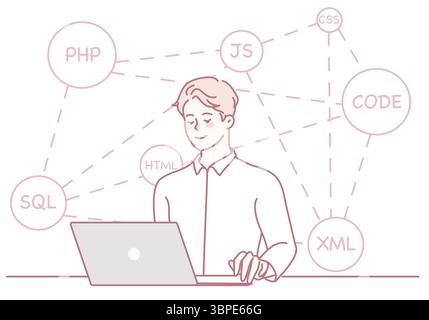 A skilled developer is coding in various programming languages on their laptop, showcasing impressive tech skills Stock Vector