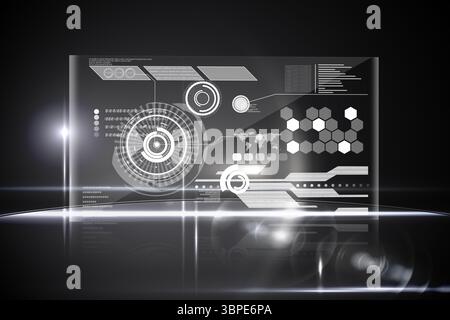 Transparent 3D panel is floating above floor in tech space with HUD rings and hexagon icons Stock Photo