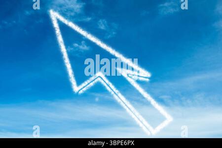 Flat illustration is showing cursor-shaped cloud contrails drifting in blue sky, forming arrow Stock Photo