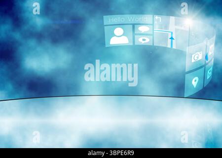 Curved UI panel is floating above misty reflective floor in 3D render, showing Hello World icons Stock Photo