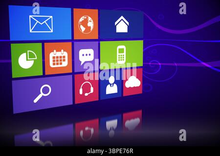 Stylized interface is showing grid of colorful icon tiles on glossy surface, purple swirl backdrop Stock Photo