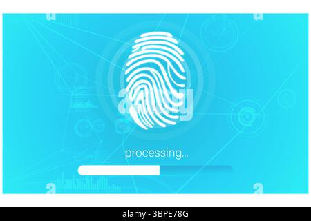 Stylized white fingerprint icon is loading on flat UI interface with progress bar and data lines Stock Photo