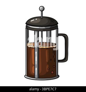 Clear hand drawn doodle illustration of a classic French press coffee maker filled with freshly brewed coffee. Charming digital artwork perfect for il Stock Vector