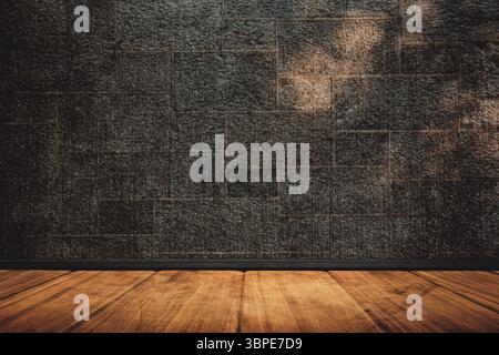 Textured stone brick wall and wooden floor are creating empty studio backdrop in 3D render Stock Photo