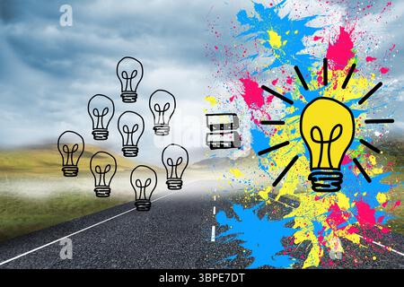 Digitally generated image of painted bulb and bulbs over highway against sky Stock Photo