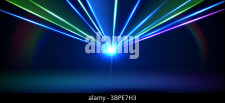 Laser light show. Bright led laser beams, dj light party. Illuminated blue stage, led strobe lights, smoke. Vector illustration Stock Vector
