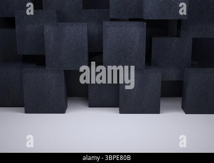 3D render is featuring staggered charcoal-gray textured cubes casting soft shadows on white floor Stock Photo