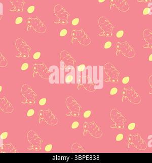 Repeating yellow rabbit head outlines and small ovals are forming flat coral pink pattern Stock Photo