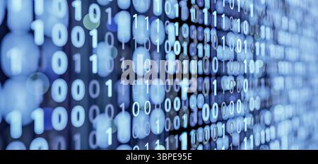 Defocused glowing ones and zeros, symbolizing confidential data, digital safety, secure networks, machine learning, IT infrastructure, software innova Stock Photo