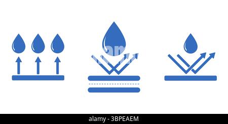Vector waterproof and anti-corrosion icon pack. Water drop with arrows and protection layers. Weatherproof and resistant design elements for materials Stock Vector