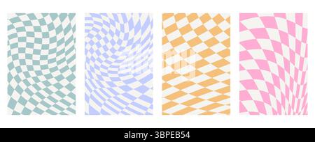 Wavy groovy distorted checkered background set Stock Vector