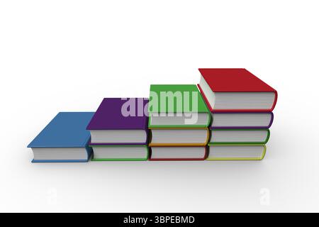 Four ascending hardcover book stacks are being shown on white background in flat design, copy space Stock Photo