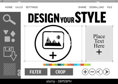 Displaying flat design app showing circular placeholder, text field, swatches, filter crop buttons Stock Photo