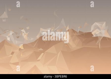 Abstract polygonal landscape is appearing in low-poly style with floating facets, wireframe grid Stock Photo