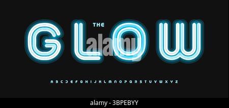 Blue neon alphabet, glowing rounded letters, bold line electric font for cyber monday tech banner, casino UI, party sign, online promo, digital Stock Vector
