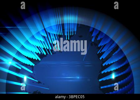 3D render is showing glowing stylized globe with rising cyan data bars and binary digits overlay Stock Photo
