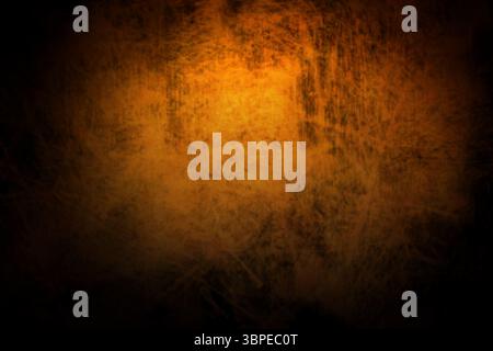 Glowing orange center is fading into black edges in flat design mottled grunge with scratched metal Stock Photo