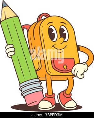 Backpack mascot holding a large green pencil with a playful smile, embodying creativity and imagination. Perfect for artistic education, kids? project Stock Vector