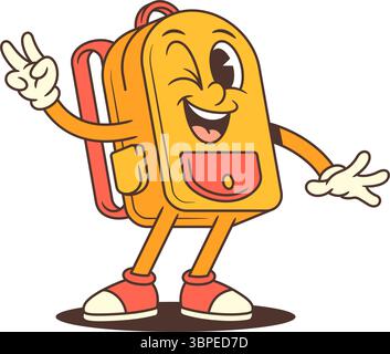 Animated backpack mascot in a lively pose with a peace sign and winking smile, perfect for school-themed content, education projects, or branding. Eye Stock Vector