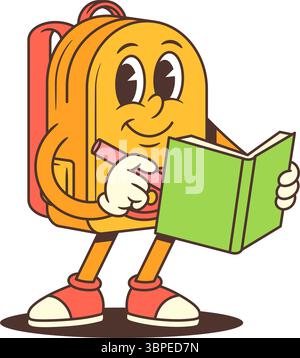 Backpack mascot reading a book with one hand while gesturing with the other as if sharing knowledge. Excellent for learning materials, education apps, Stock Vector
