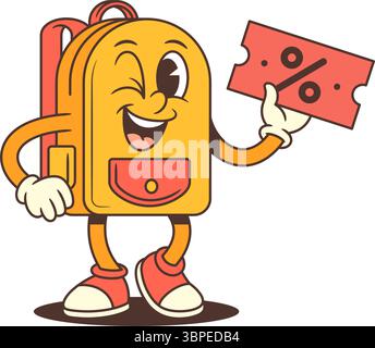 Excited cartoon backpack character holds a ticket in one hand and gives a thumbs up with the other, full of celebration and approval vibes. Perfect fo Stock Vector