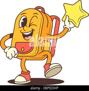 Cartoon backpack character in mid-step holding a bright star and winking confidently. Ideal for school themes, celebration designs, motivational conte Stock Vector