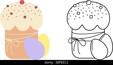 HandDrawn Easter Cake and eggs Colorful and Outline Easter Sticker Icon Pictogram Design Element Set. Isolated Vector Illustration Easter Greeting Themes Cards, poster, banner, leaflets, labels, price Stock Vector