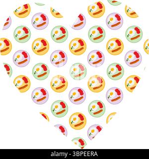 Fried Egg Microgreens tomato slices and grill sausage on plate Seamless Pattern on heart shape fond. Isolated Vector illustration Food Theme or Menu Cards Banners, leaflets, labels, price tag, posters Stock Vector