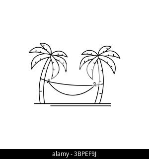 A tranquil scene featuring a hammock strung between two palm trees, ideal for conveying relaxation and tropical vibes. Stock Vector