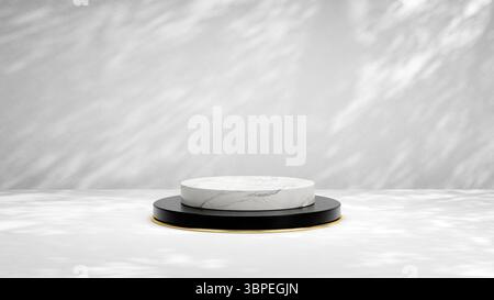 8k High resolution. Marble and gold Pedestal of Platform display with luxury elegant stand podium on white background. Blank Exhibition stage backdrop Stock Photo