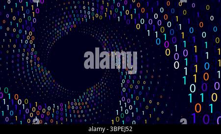 Dark background with swirling, colorful binary code forming a tunnel effect. Stock Vector
