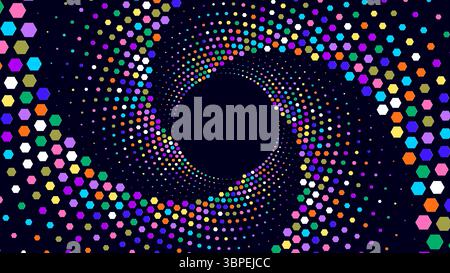 Colorful hexagons forming a swirling spiral pattern around a dark center. Stock Vector