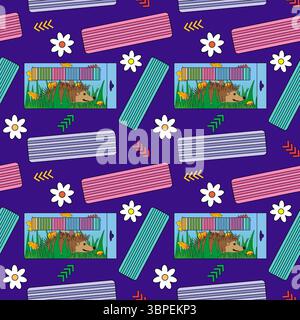 Colorful seamless pattern with plasticine bars, flower elements, and hedgehog themed packaging. For back to school theme, school or office supplies, s Stock Vector