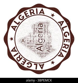 Algeria logo. Awesome country badge with word cloud in shape of Algeria. Round emblem with country name. Amazing vector illustration. Stock Vector