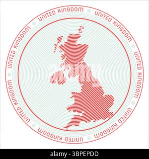 United Kingdom round logo design. Country shape build of rings. United Kingdom text around the country. Vector Illustration. Stock Vector