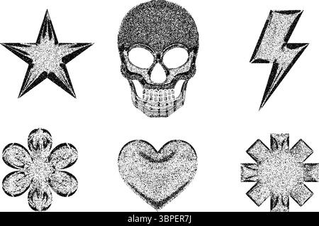 Stippled grunge objects - star, skull, lightning bolt, flower, heart and abstract geometric shape  Stock Vector