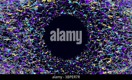 Abstract background featuring a circular vortex of dots in shades of blue, purple and yellow on dark background. Stock Vector