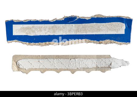 Torn long flap of blue paper box packaging on white background with clipping path Stock Photo