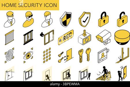 Isometric illustration of a black-and-white icon of crime prevention and home security, Vector Illustration Stock Vector